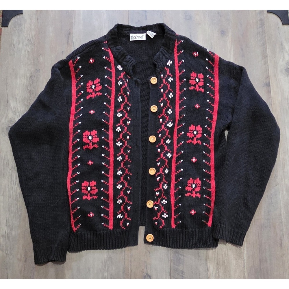 That's Me! Vintage Black Sweater Cardigan W/ Red Floral & Wooden Buttons Women L
